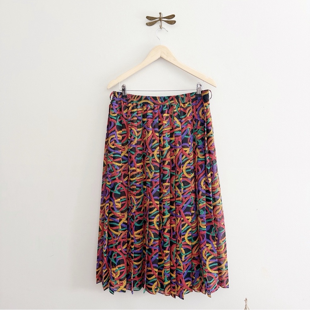Vintage Pleated Colorful Rope Print Midi Skirt